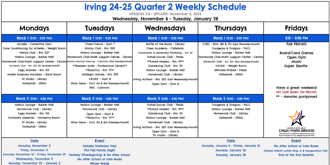 photo showing the quarter 2 after school schedule - same schedule can be found in linked pdf